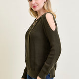 V-Neck Lace-Up Cold Shoulder Green Sweater