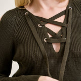 V-Neck Lace-Up Cold Shoulder Green Sweater