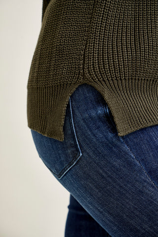 V-Neck Lace-Up Cold Shoulder Green Sweater