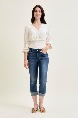 Maddy Mid Rise Dark Wash Cuffed Capri Jeans