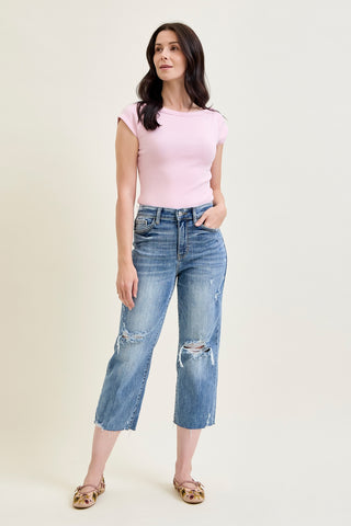 Celeste High Rise With Distressed Crop Wide Leg