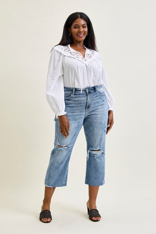 Celeste High Rise With Distressed Crop Wide Leg - PLUS