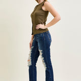 Lisse Mid Rise Ripped Straight Fit Jeans
