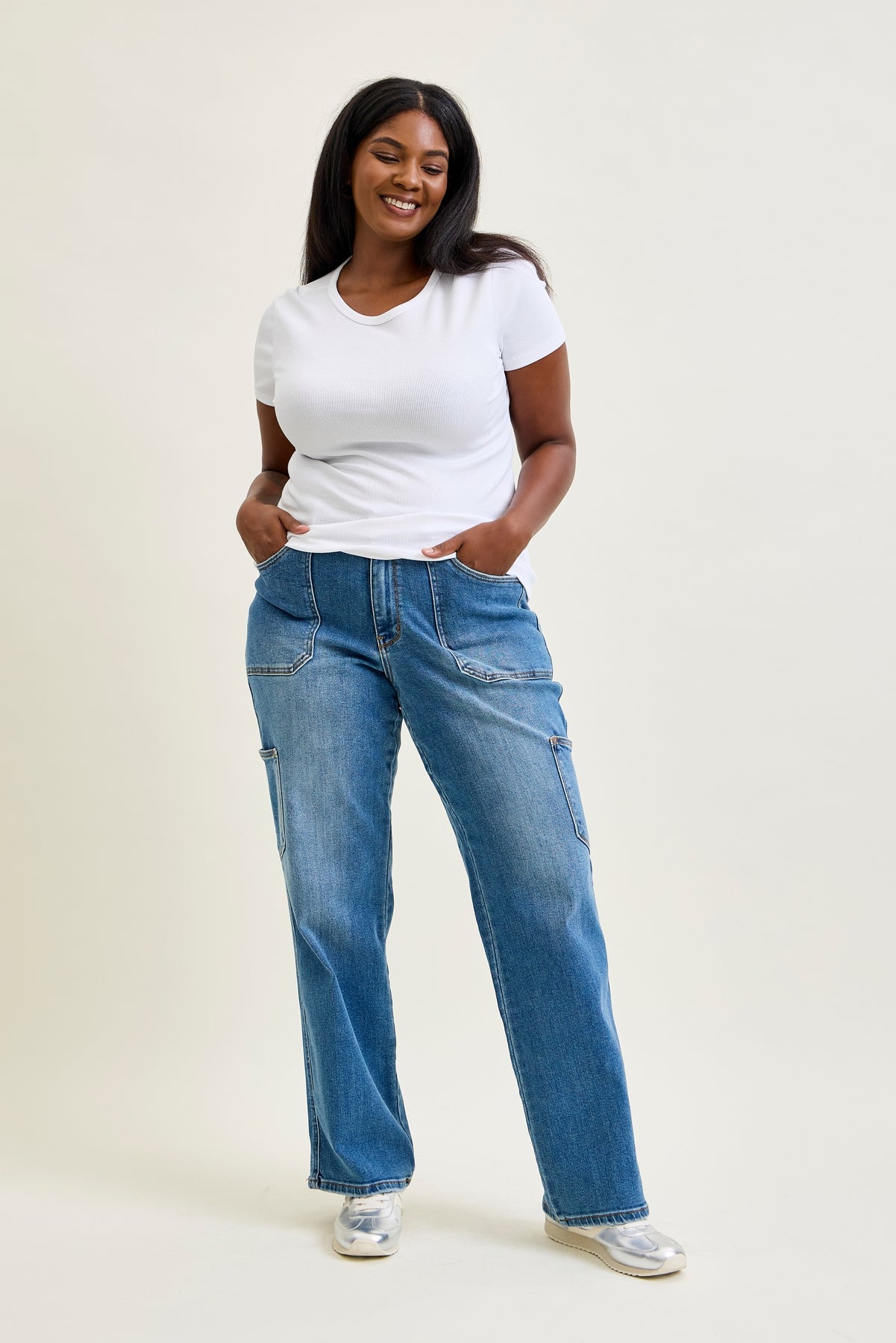 Judy Blue Women's Mid Rise Destroyed Straight Leg Jeans - Medium Blue Distressed Denim, Size 20 Plus