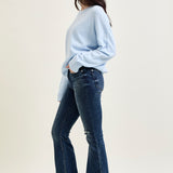 Amanda Mid Rise Flare Jeans with Distressed Knee & Frayed Hem