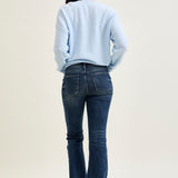 Amanda Mid Rise Flare Jeans with Distressed Knee & Frayed Hem