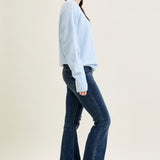 Amanda Mid Rise Flare Jeans with Distressed Knee & Frayed Hem