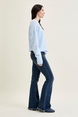 Charlotte Flare Jeans with Distressed Knee & Frayed Hem
