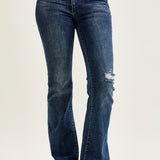 Amanda Mid Rise Flare Jeans with Distressed Knee & Frayed Hem