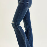 Amanda Mid Rise Flare Jeans with Distressed Knee & Frayed Hem