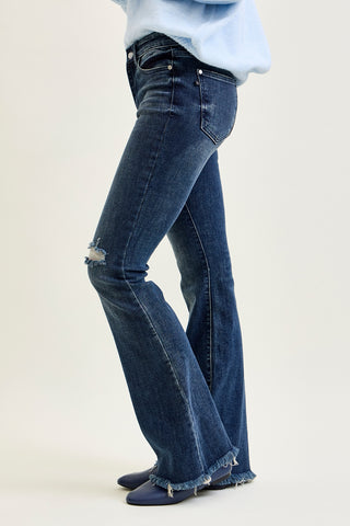 Charlotte Flare Jeans with Distressed Knee & Frayed Hem