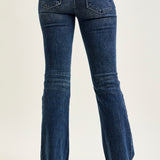 Amanda Mid Rise Flare Jeans with Distressed Knee & Frayed Hem
