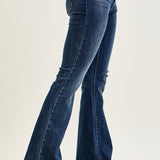 Amanda Mid Rise Flare Jeans with Distressed Knee & Frayed Hem