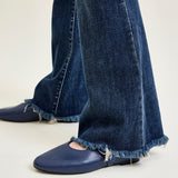 Amanda Mid Rise Flare Jeans with Distressed Knee & Frayed Hem