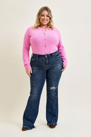 Amanda Mid Rise Flare Jeans with Distressed Knee & Frayed Hem - PLUS