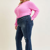 Amanda Mid Rise Flare Jeans with Distressed Knee & Frayed Hem - PLUS