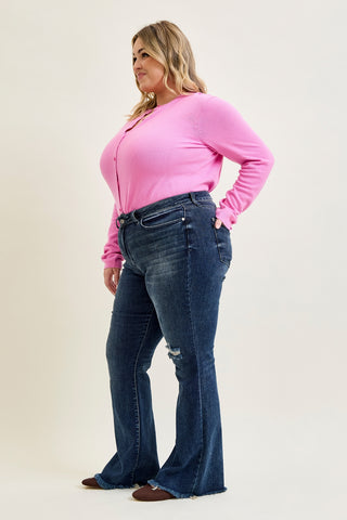 Charlotte Flare Jeans with Distressed Knee & Frayed Hem - PLUS