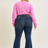 Amanda Mid Rise Flare Jeans with Distressed Knee & Frayed Hem - PLUS