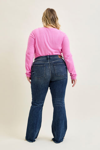 Charlotte Flare Jeans with Distressed Knee & Frayed Hem - PLUS