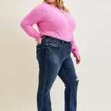 Amanda Mid Rise Flare Jeans with Distressed Knee & Frayed Hem - PLUS