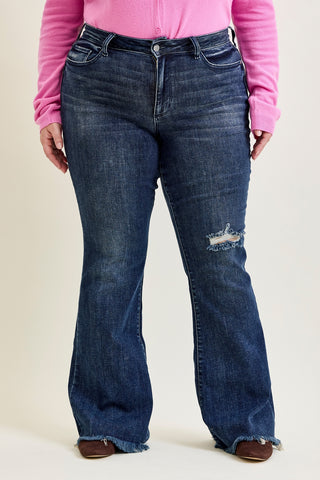 Charlotte Flare Jeans with Distressed Knee & Frayed Hem - PLUS