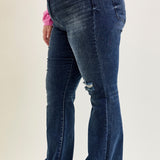 Amanda Mid Rise Flare Jeans with Distressed Knee & Frayed Hem - PLUS