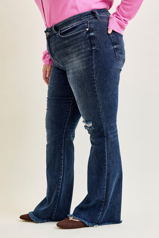 Charlotte Flare Jeans with Distressed Knee & Frayed Hem - PLUS