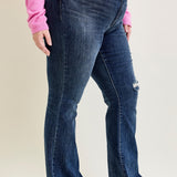 Amanda Mid Rise Flare Jeans with Distressed Knee & Frayed Hem - PLUS