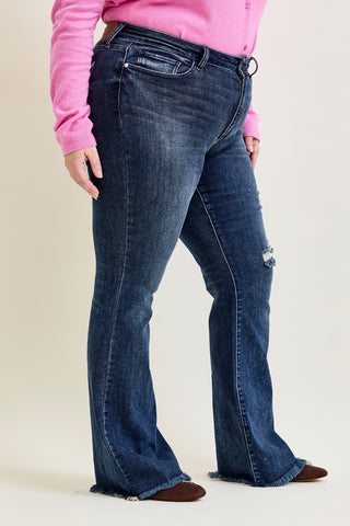 Charlotte Flare Jeans with Distressed Knee & Frayed Hem - PLUS