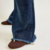 Amanda Mid Rise Flare Jeans with Distressed Knee & Frayed Hem - PLUS