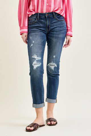 Aubree Mid Rise Distressed Boyfriend with Cuffed Hem