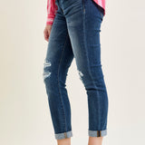Aubree Mid Rise Distressed Boyfriend with Cuffed Hem