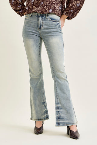 Megan Mid Rise Tinted Pin Tack Detail Flare Jeans