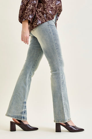 Megan Mid Rise Tinted Pin Tack Detail Flare Jeans