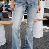 Megan Mid Rise Tinted Pin Tack Detail Flare Jeans