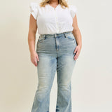 Megan Mid Rise Tinted Pin Tack Detail Flare Jeans - PLUS