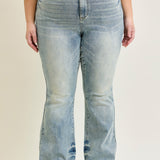 Megan Mid Rise Tinted Pin Tack Detail Flare Jeans - PLUS