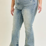 Megan Mid Rise Tinted Pin Tack Detail Flare Jeans - PLUS