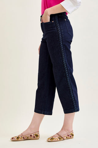 Diana High Rise Side Seam Braid Cropped Wide Leg Jeans