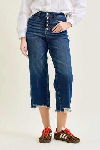 Wren High Rise Button Fly Distressed Hem Crop Wide