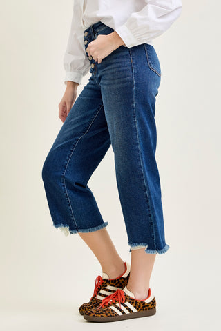 Wren High Rise Button Fly Distressed Hem Crop Wide