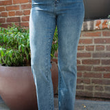Lisa High Rise Button Fly Hem Distressed Straight Jeans