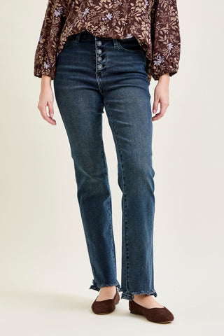 Kimberly Button Fly Hem Distressed Straight Jeans