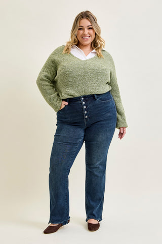 Lisa High Rise Button Fly Hem Distressed Straight Jeans - PLUS