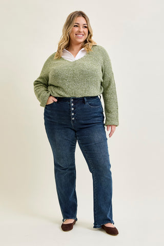 Lisa High Rise Button Fly Hem Distressed Straight Jeans - PLUS