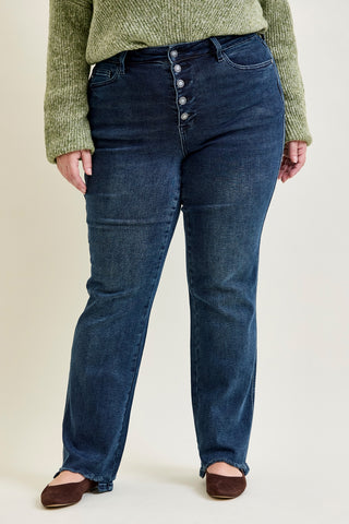 Lisa High Rise Button Fly Hem Distressed Straight Jeans - PLUS