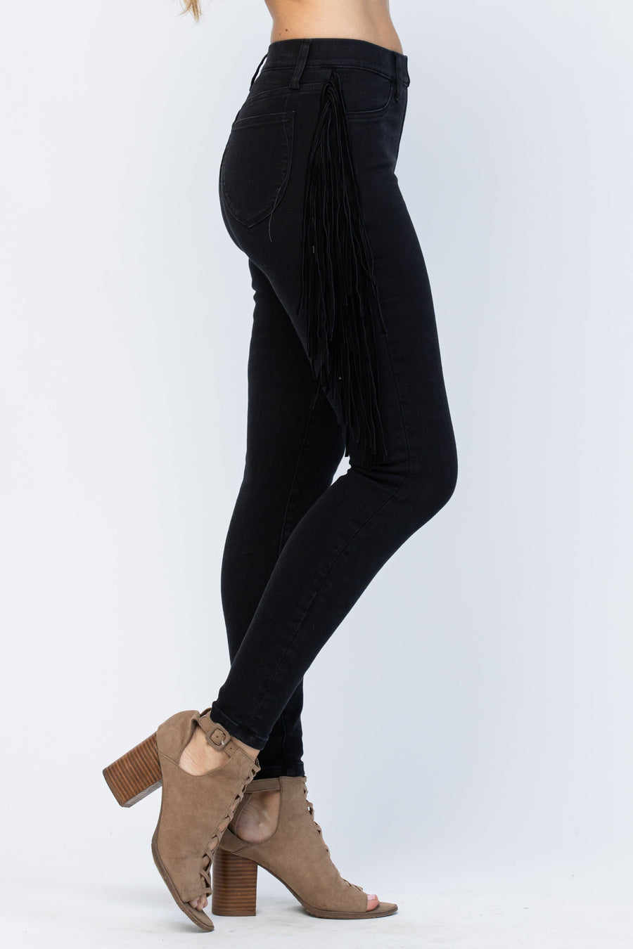 Elsy Black Side Fringe Skinny Jegging - PLUS
