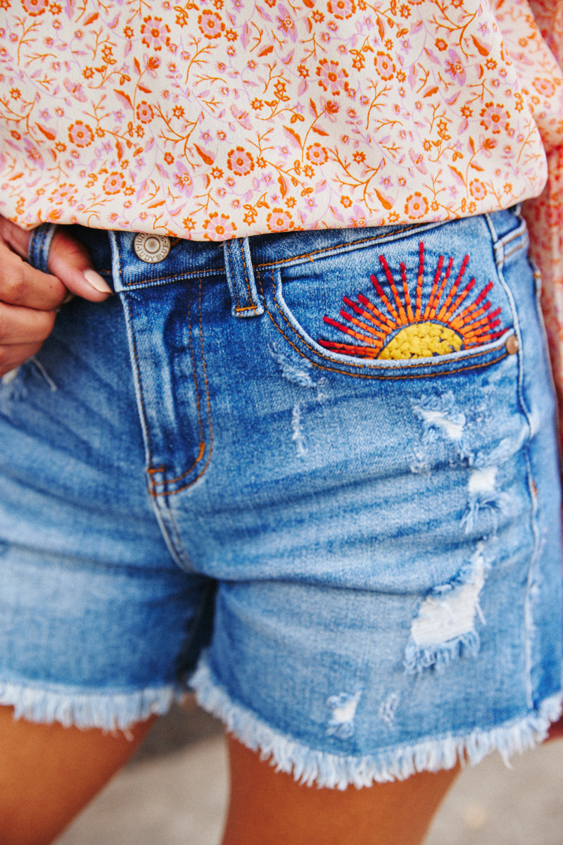 Tracy Sun Embroidery Cutoff Shorts